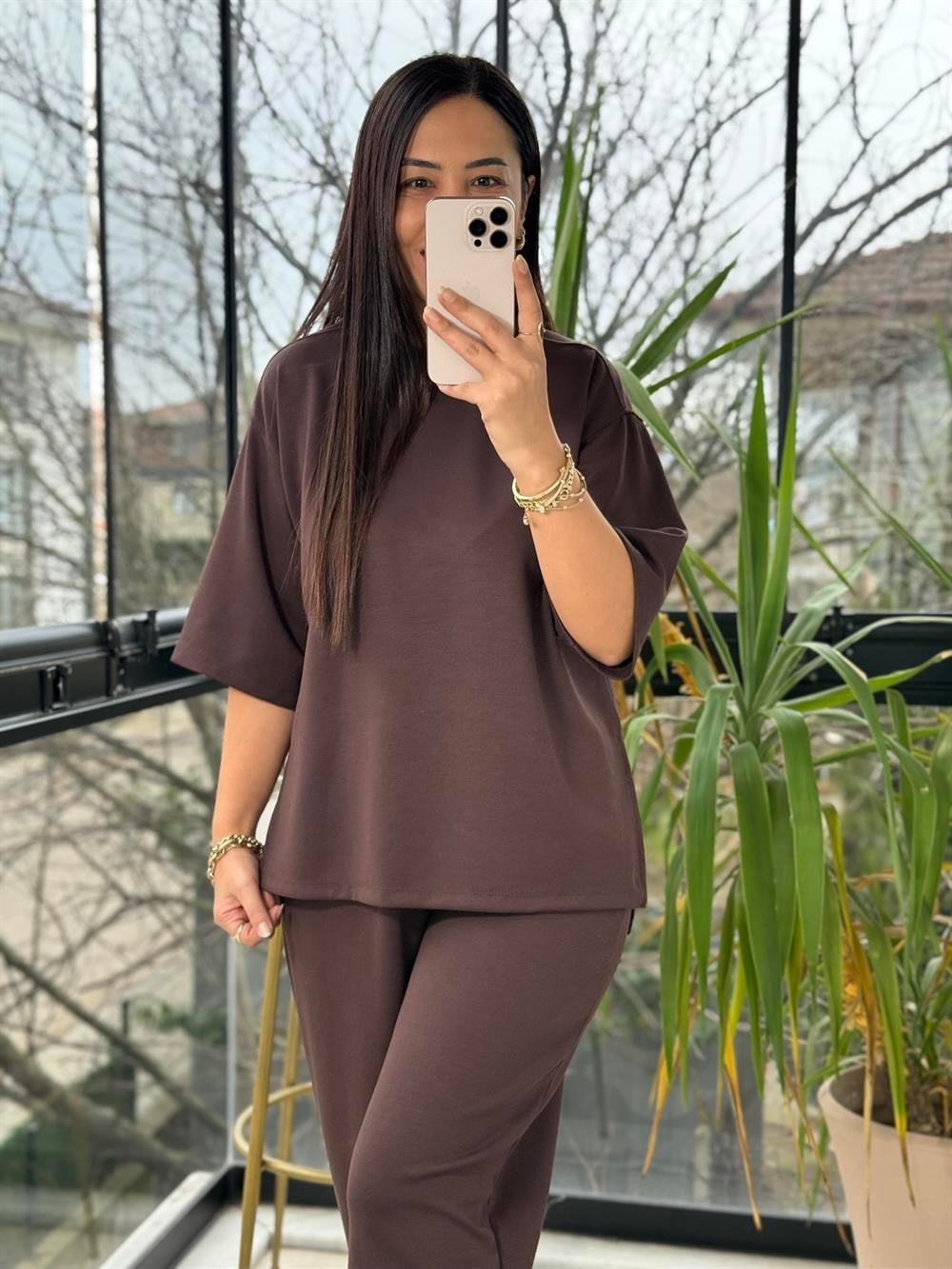 Modal Tişörtlü Basic Takım Kahve