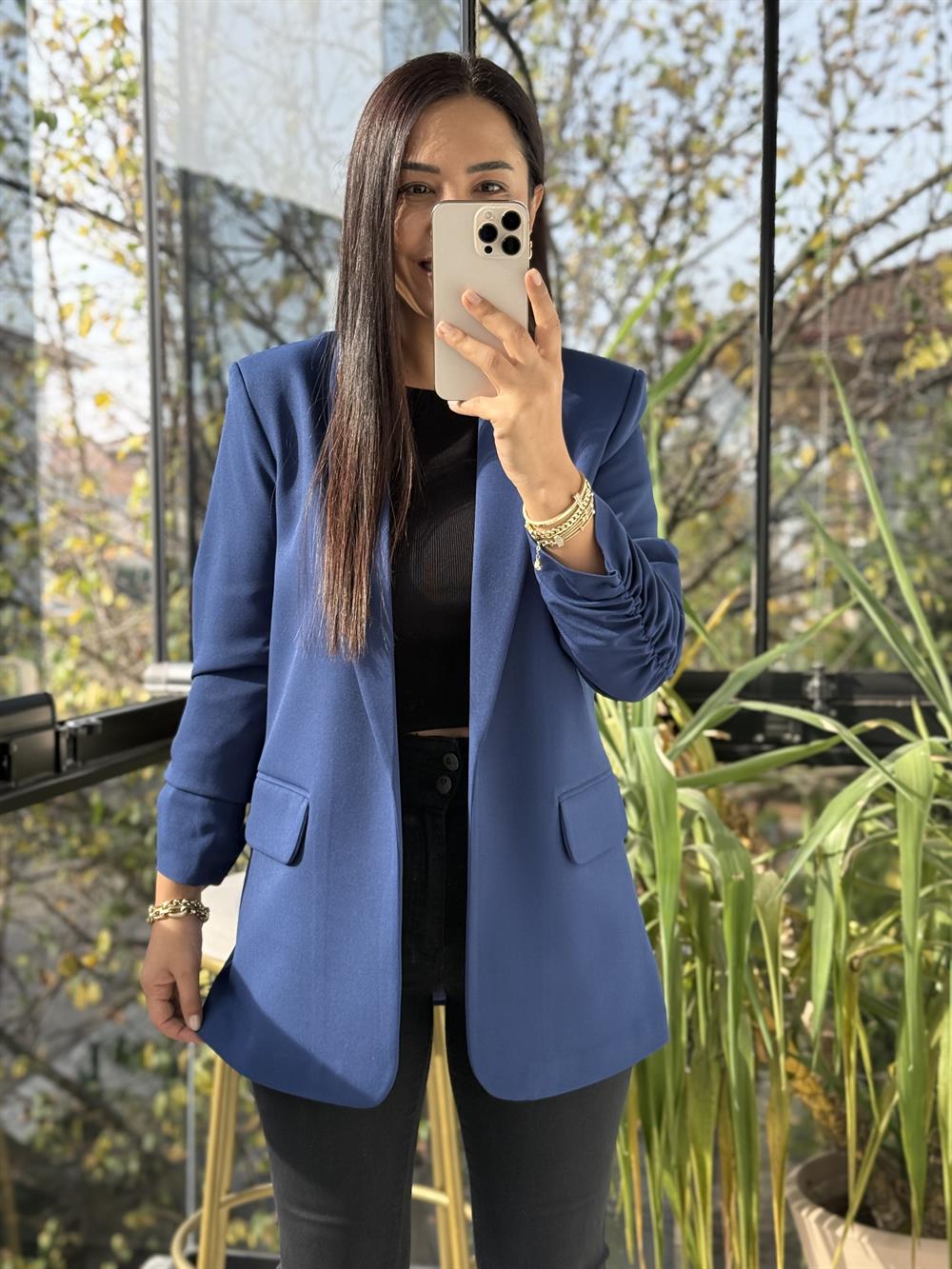 Kolu Büzgülü Blazer Ceket İndigo Mavi