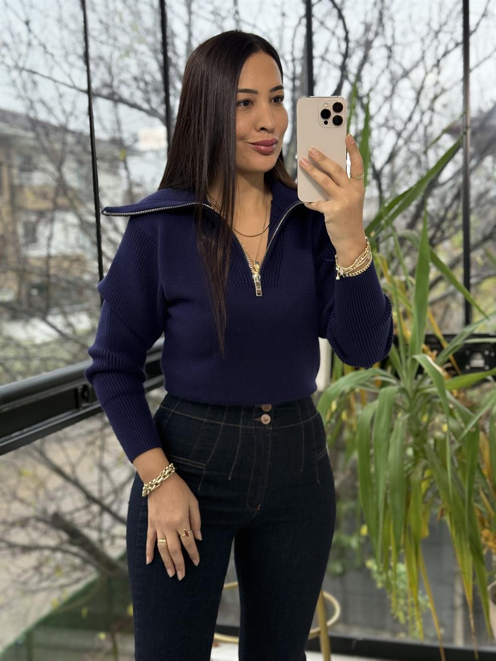 Fermuarlı Crop Triko Kazak Lacivert