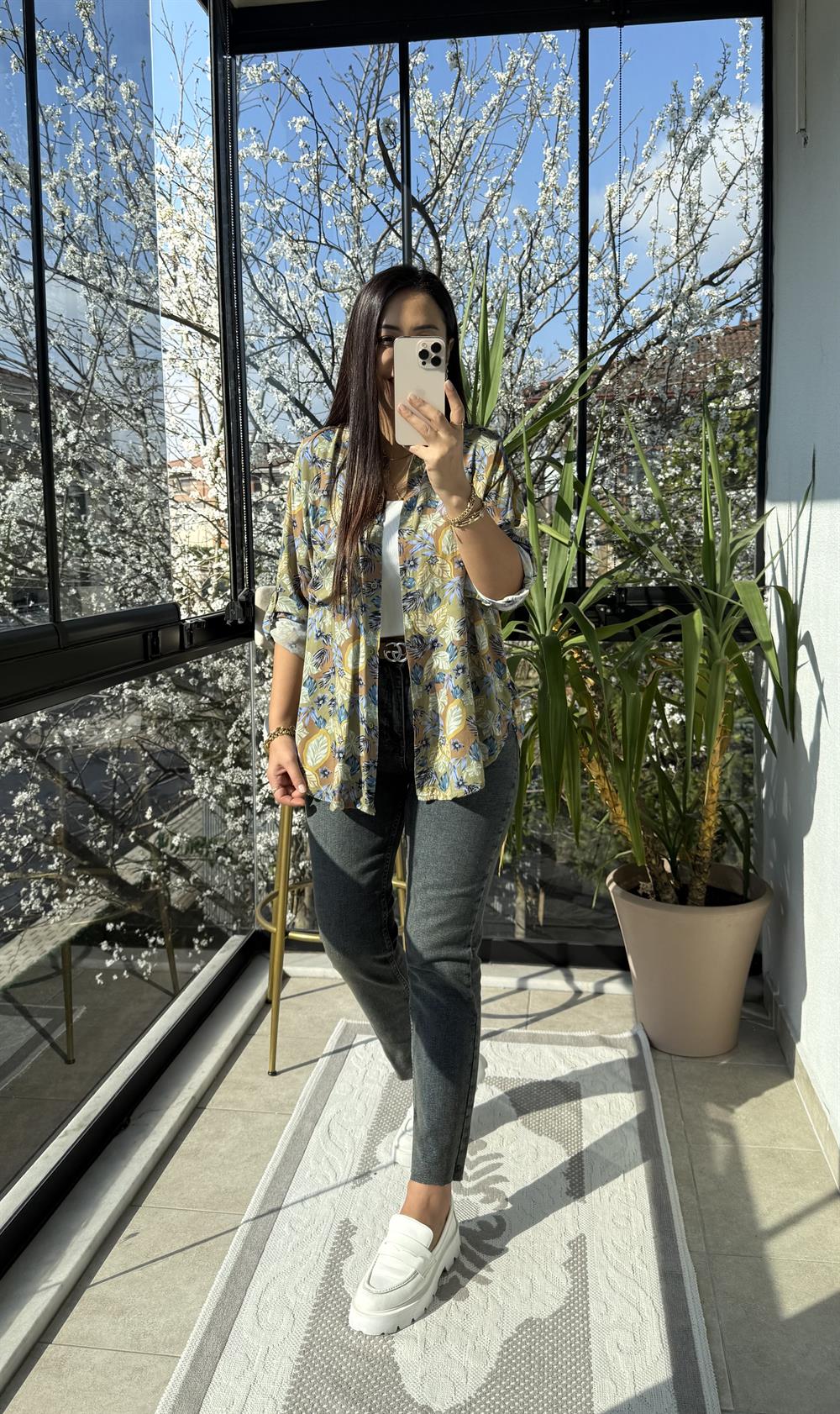 Yaprak Desenli Pamuklu Gömlek Haki Yeşili