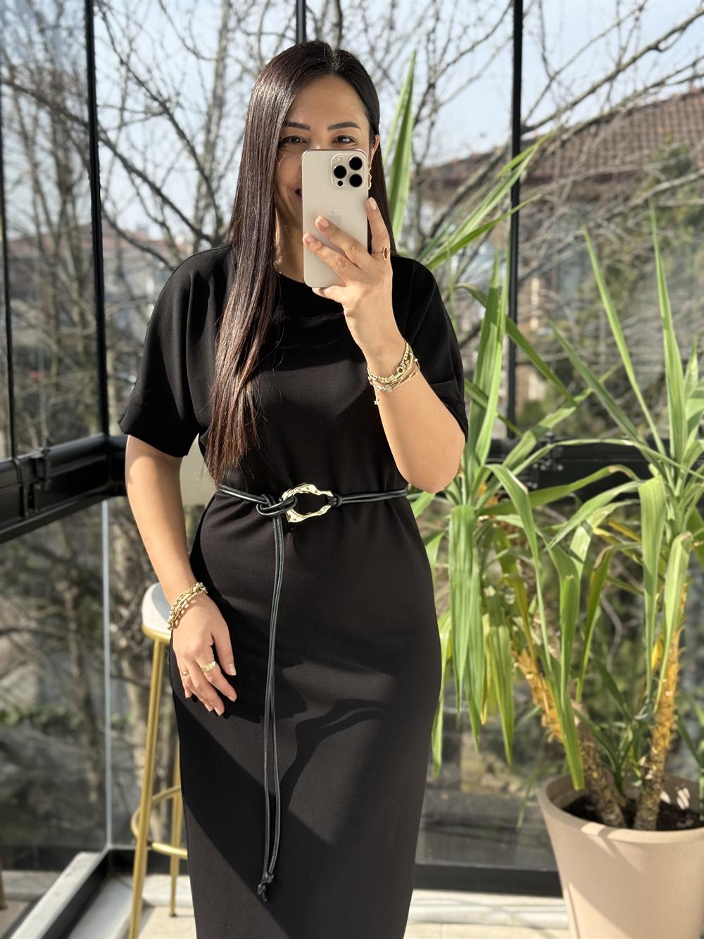 Kemerli Modal Elbise Siyah