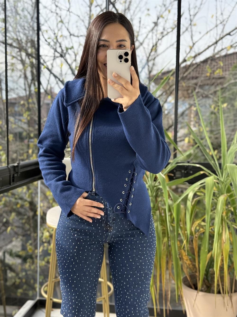 Bağcıklı Yan Yana Triko Ceket Lacivert