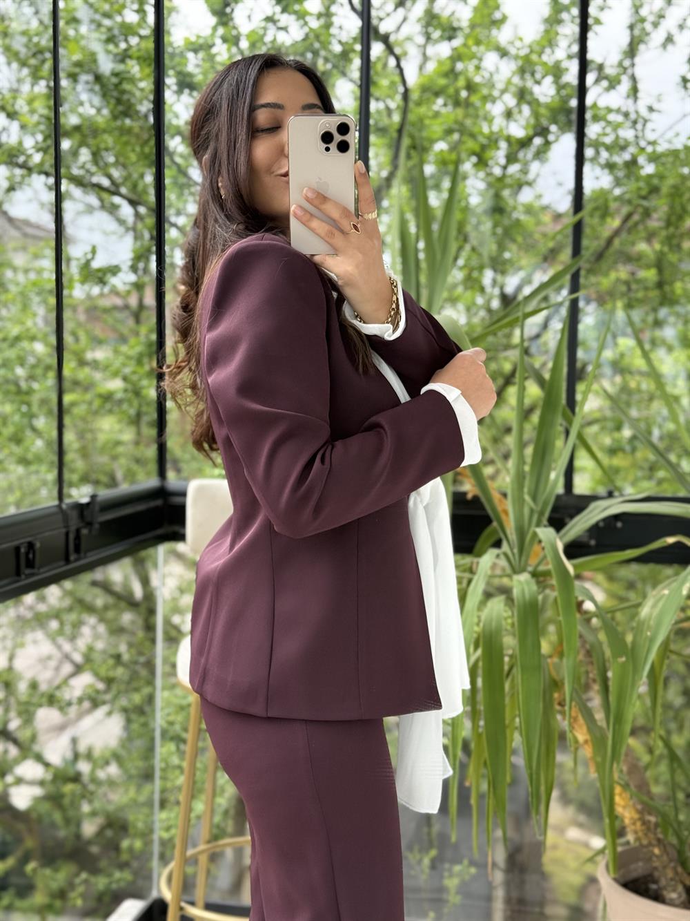 Kendinden Şallı Ceket Takım Mürdüm