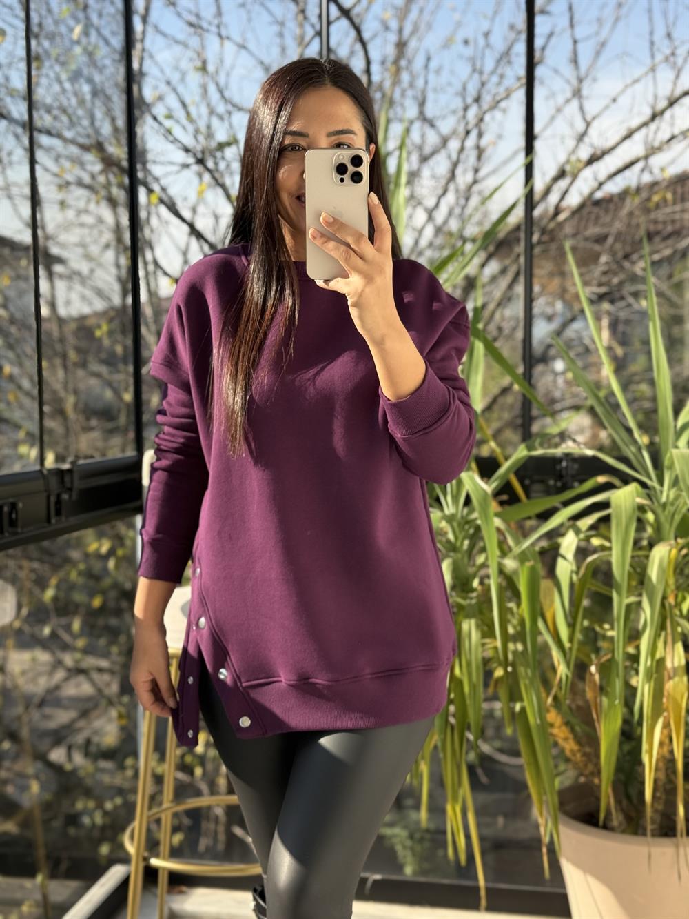 Yanı Çıtçıtlı Sweatshirt Mürdüm