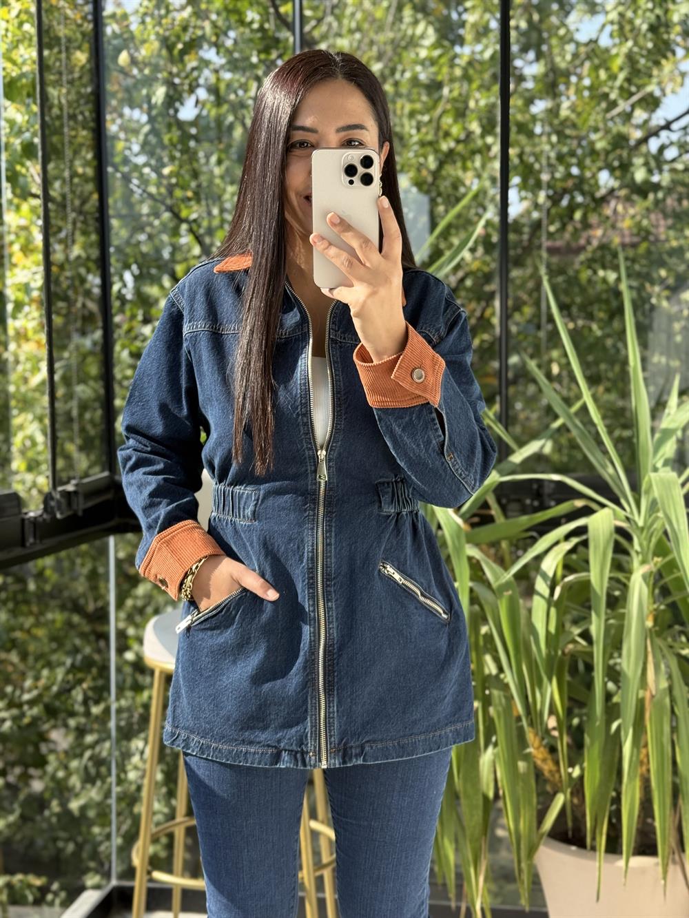 Kadife Detaylı Fermuarlı Kot Ceket Lacivert