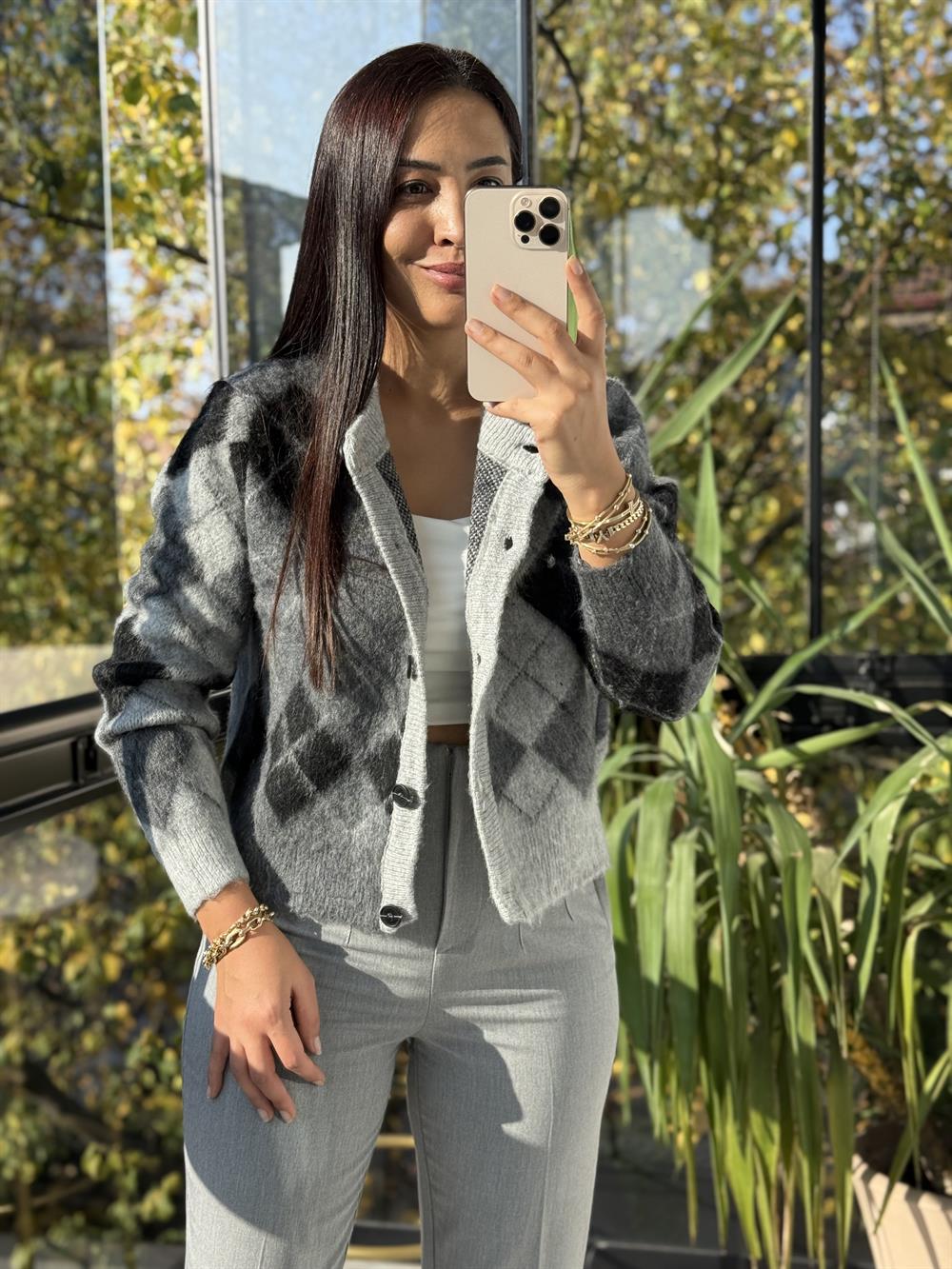 Kısa Baklava Desenli Hırka Antrasit