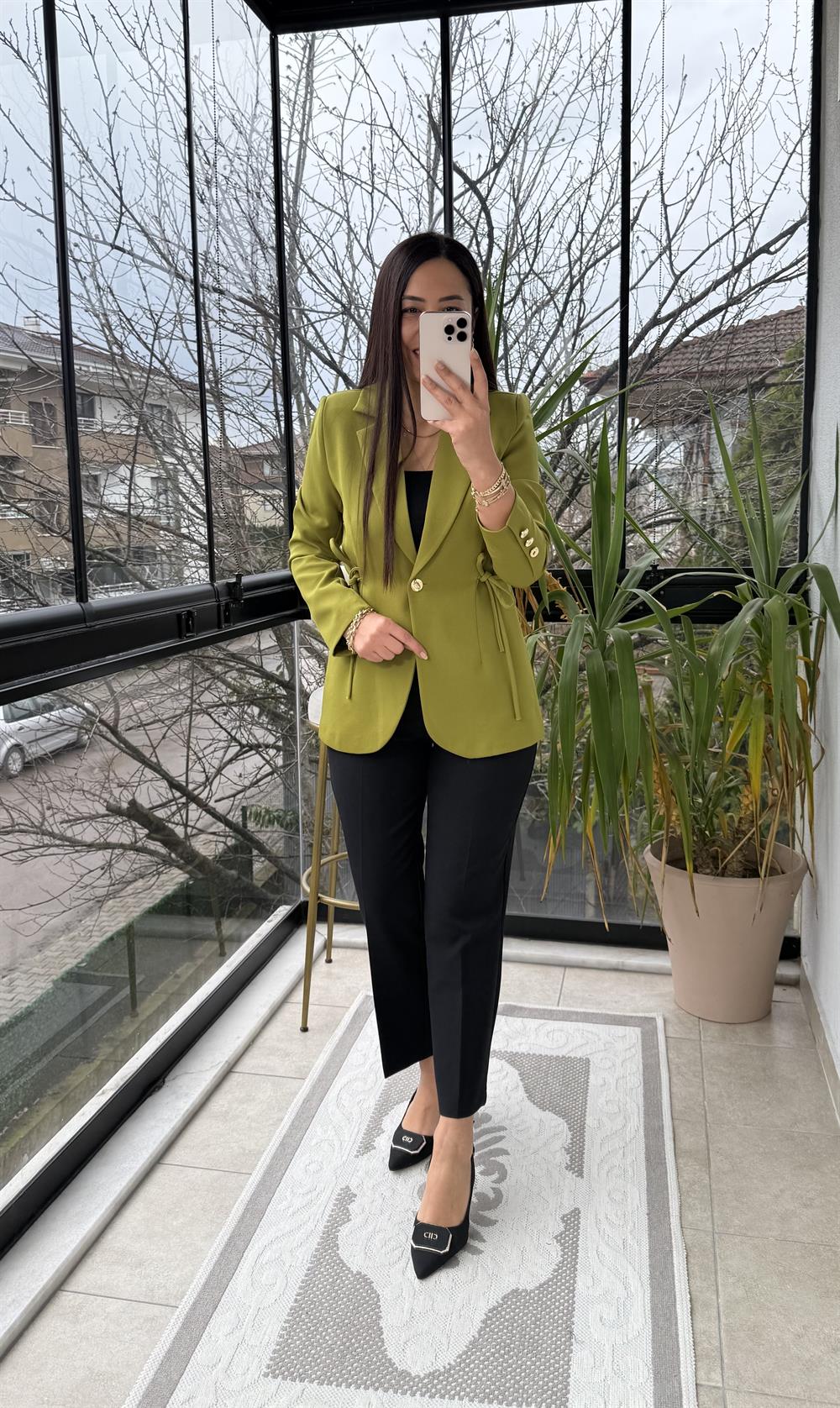 Yanı Bağcıklı Slim Blazer Ceket Kivi Yeşili