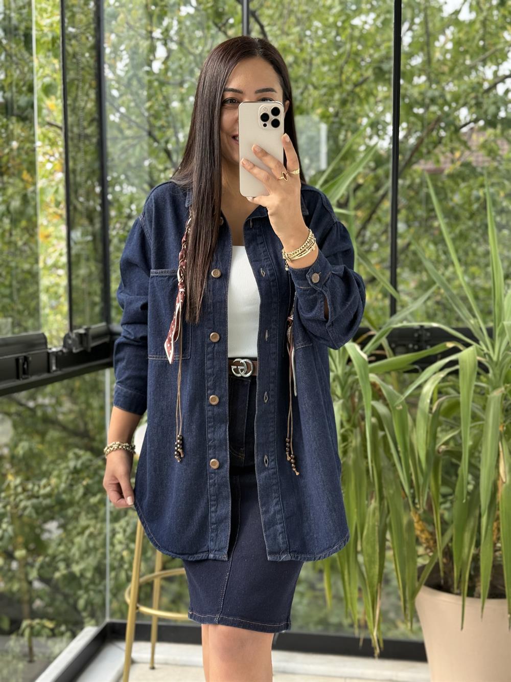 Düğmeli Oversize Gömlek Slaplı Lacivert