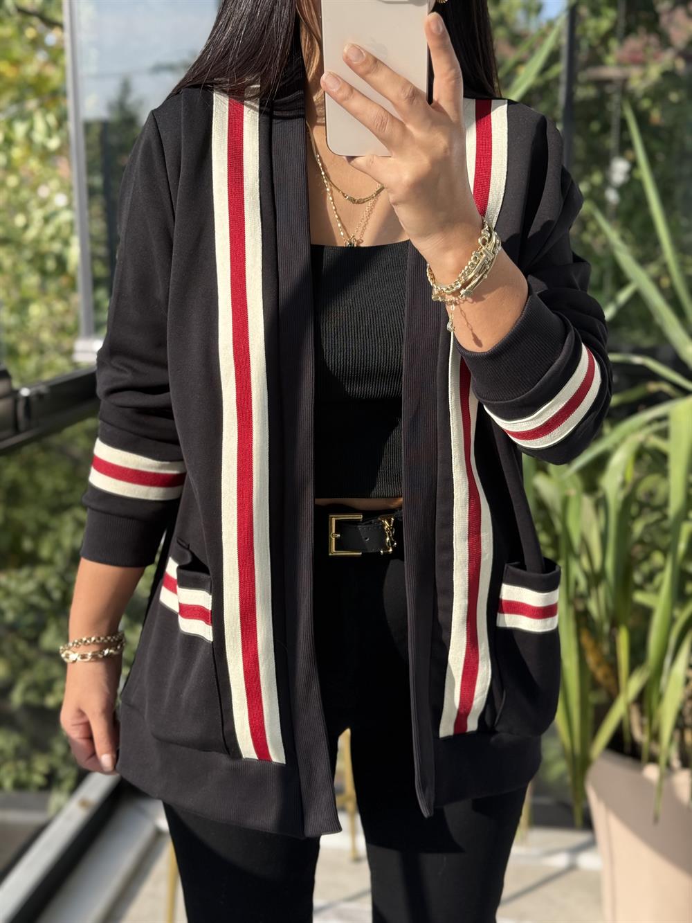 Tiktak Şeritli İnterlok Hırka Siyah