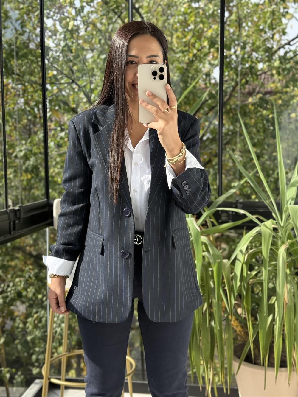 İki Düğmeli Çizgili Yün Blazer Ceket Lacivert