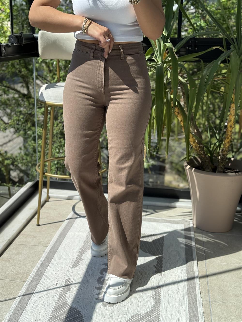 Dekoratif Cep Detaylı Palazzo Kot Pantolon Vizon (Toprak)