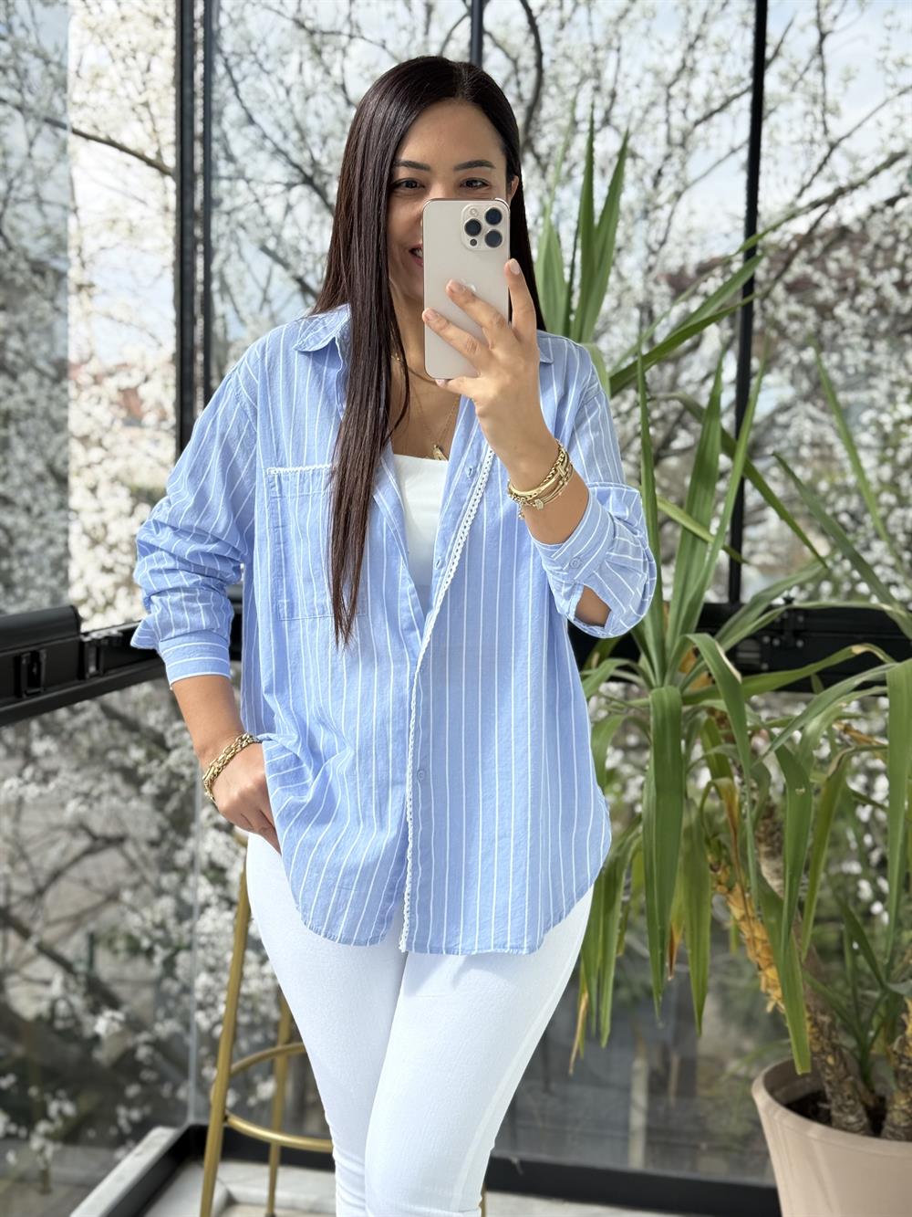 Motif Çizgili Cepli Gömlek Mavi