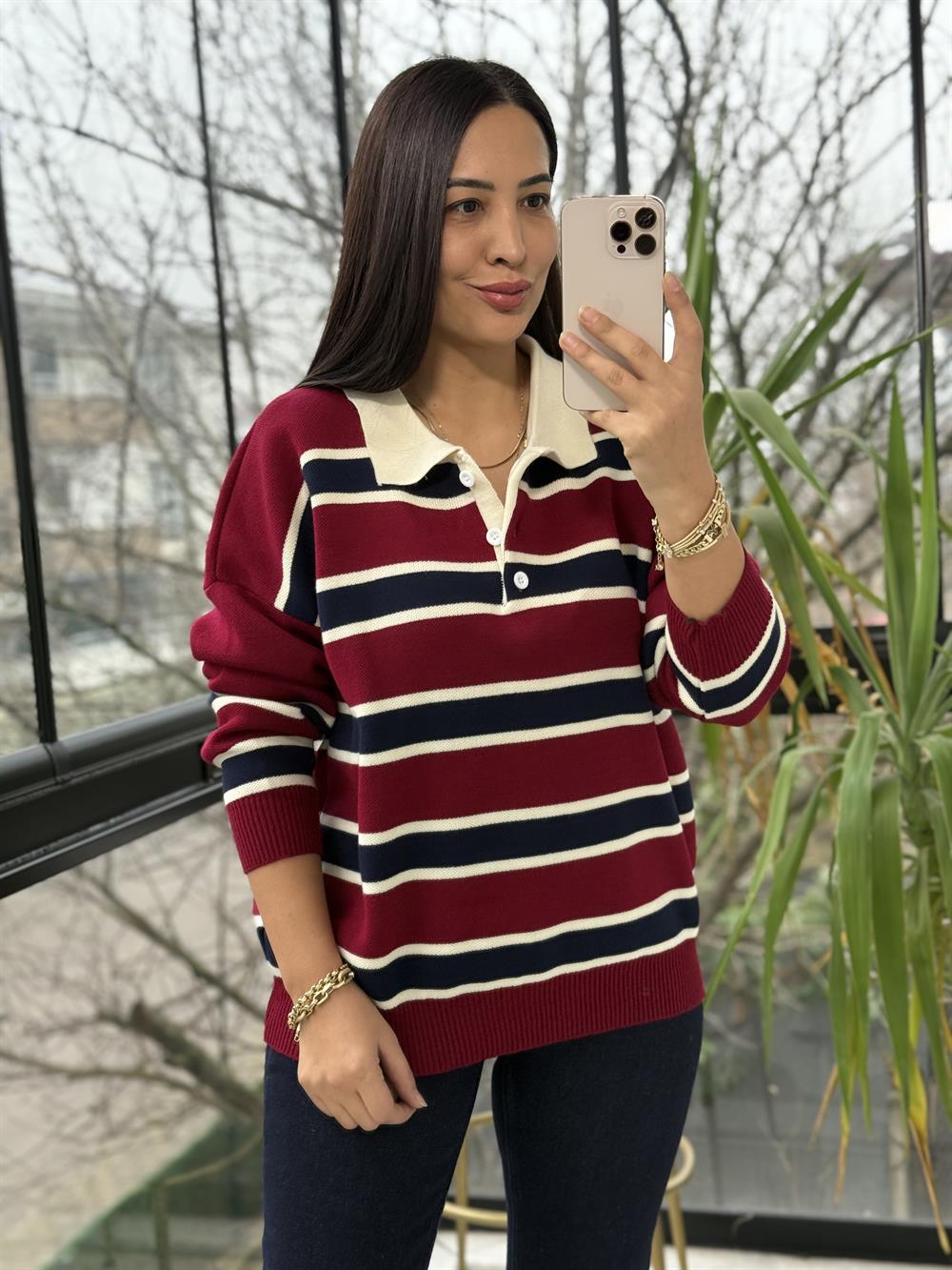 Polo Yaka Çizgili Triko Kazak Bordo