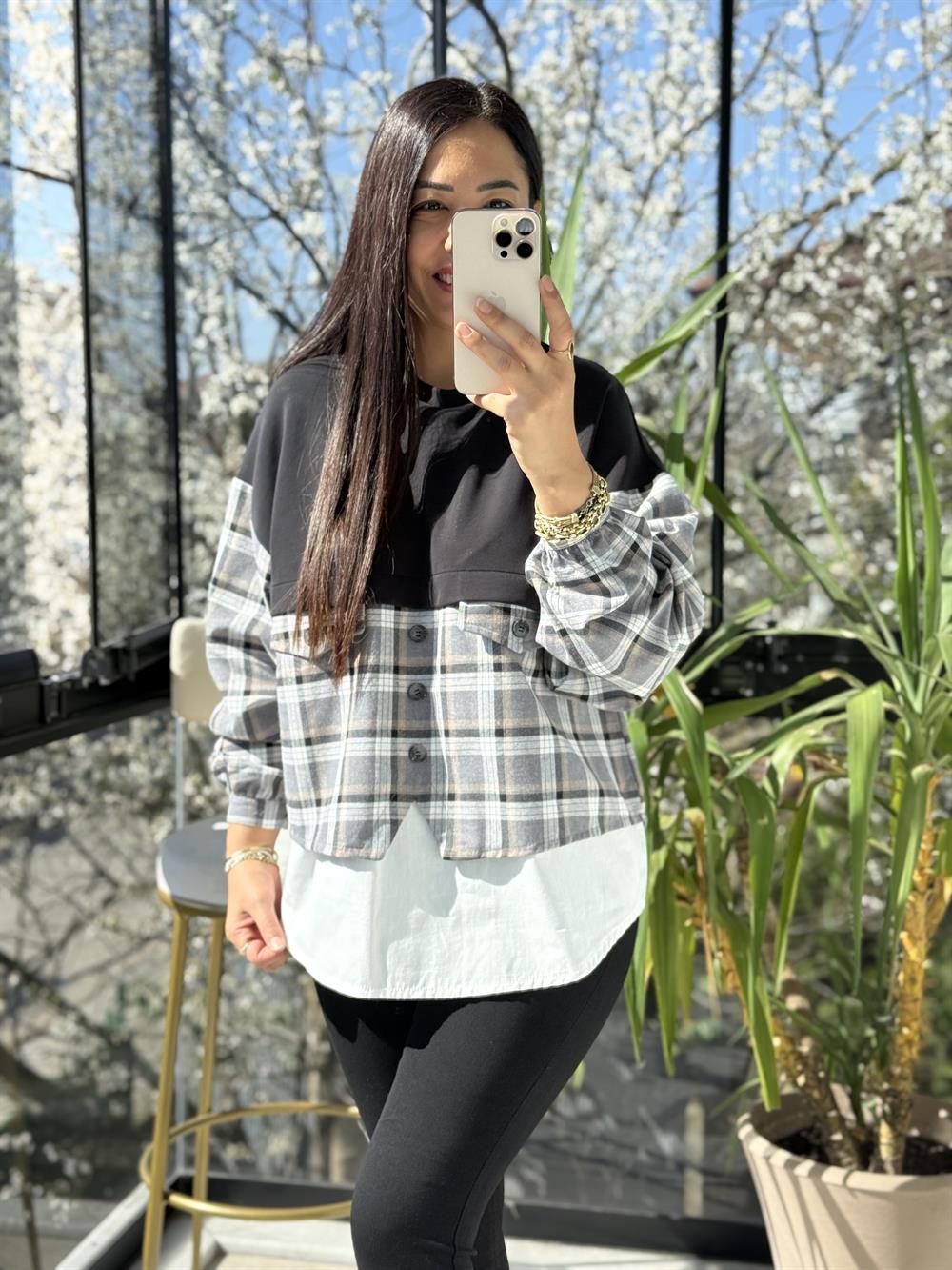 Mix kumaş Sweat Gömlek Siyah