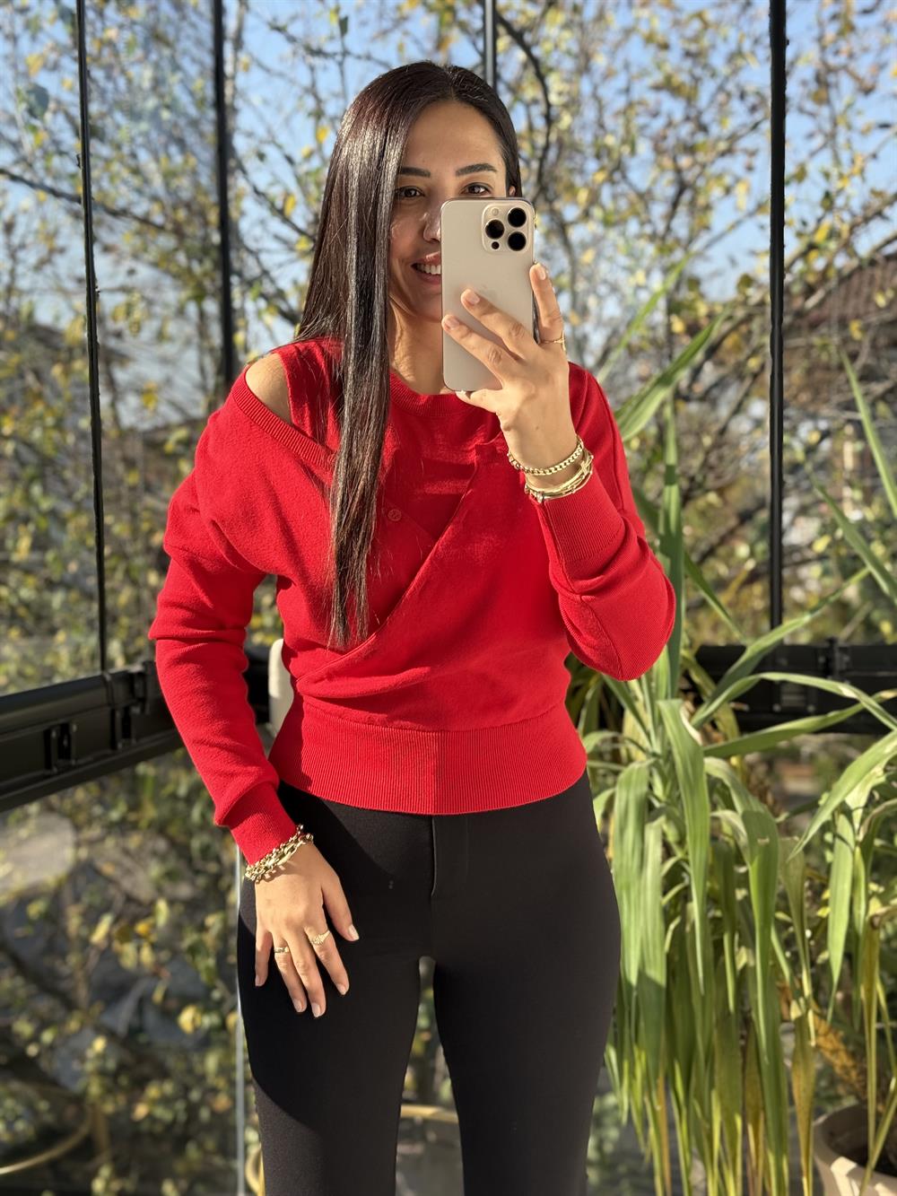 Çift Parçalı Triko Bluz Kırmızı