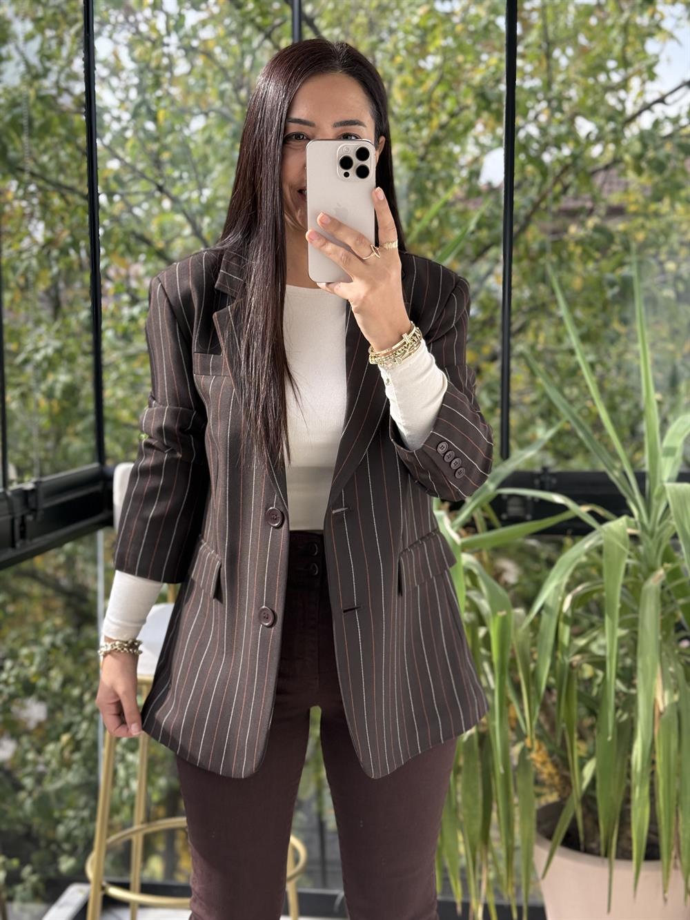 İki Düğmeli Çizgili Yün Blazer Ceket Kahve