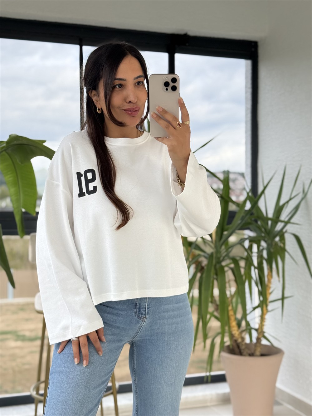 91 Baskılı Basic Sweatshirt Beyaz
