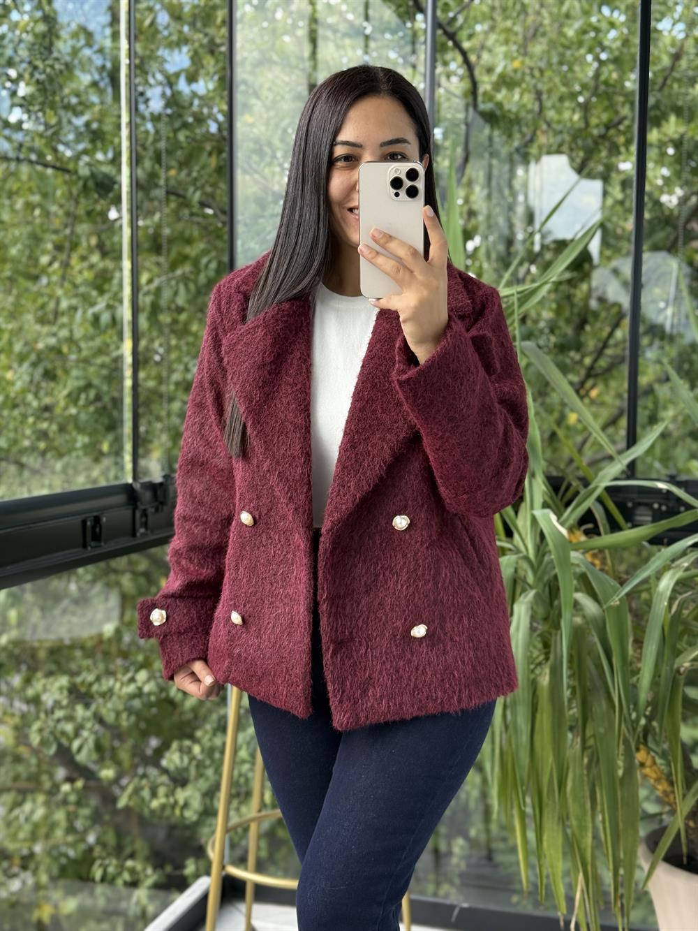 Gold Düğmeli Yün Kaban Ceket Bordo