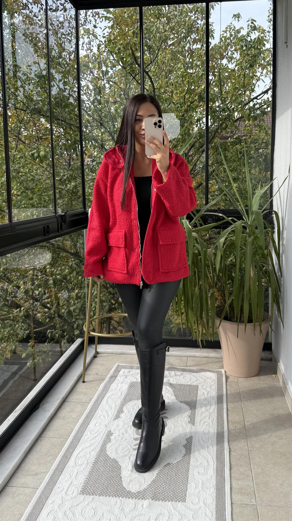 Cepli Kaşe Kaban Kırmızı