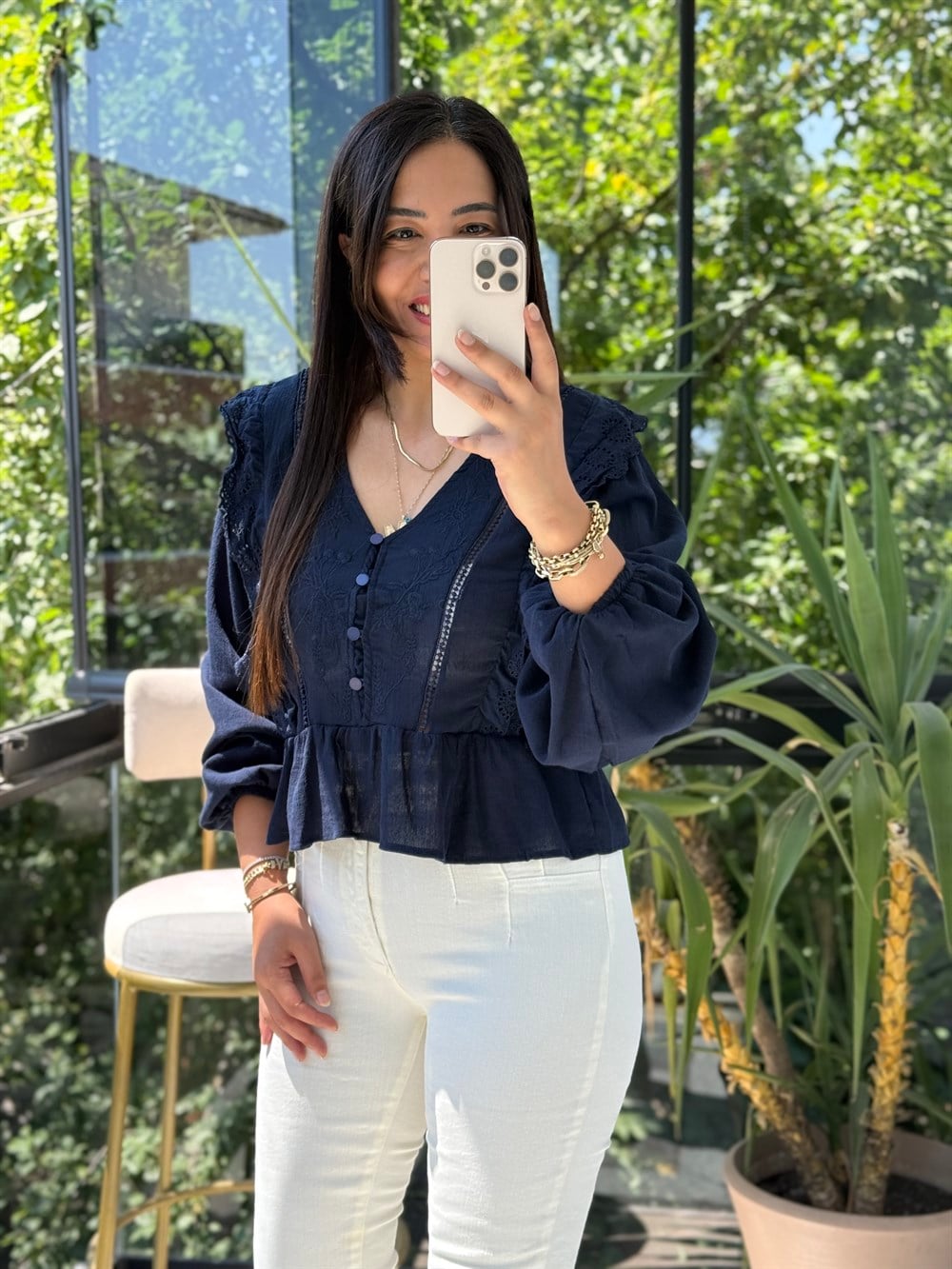 Keten Fırfırlı Bluz Lacivert 