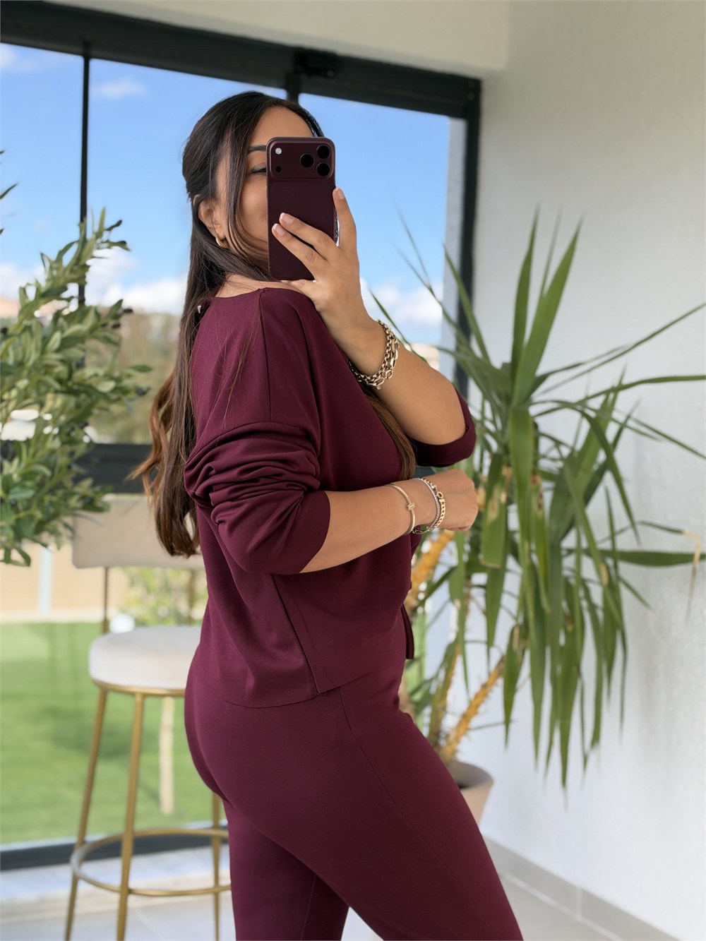 Kayık Yaka Bluzlu Takım Bordo