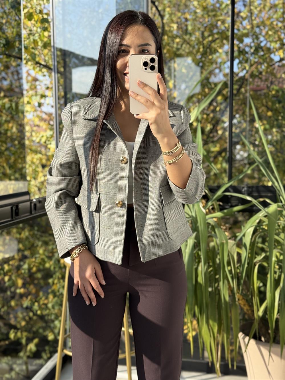 Ekose Top Düğme Crop Ceket Kahve