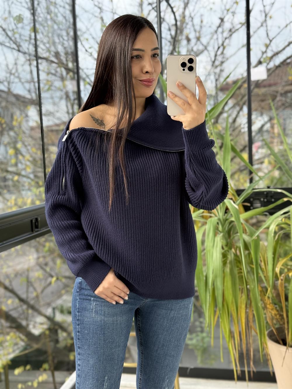 Yandan Fermuarlı Geniş Yaka triko Kazak Lacivert