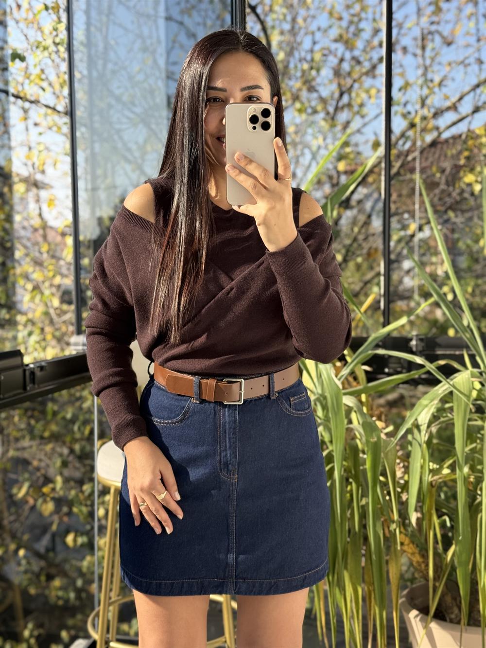 Çift Parçalı Triko Bluz Kahve