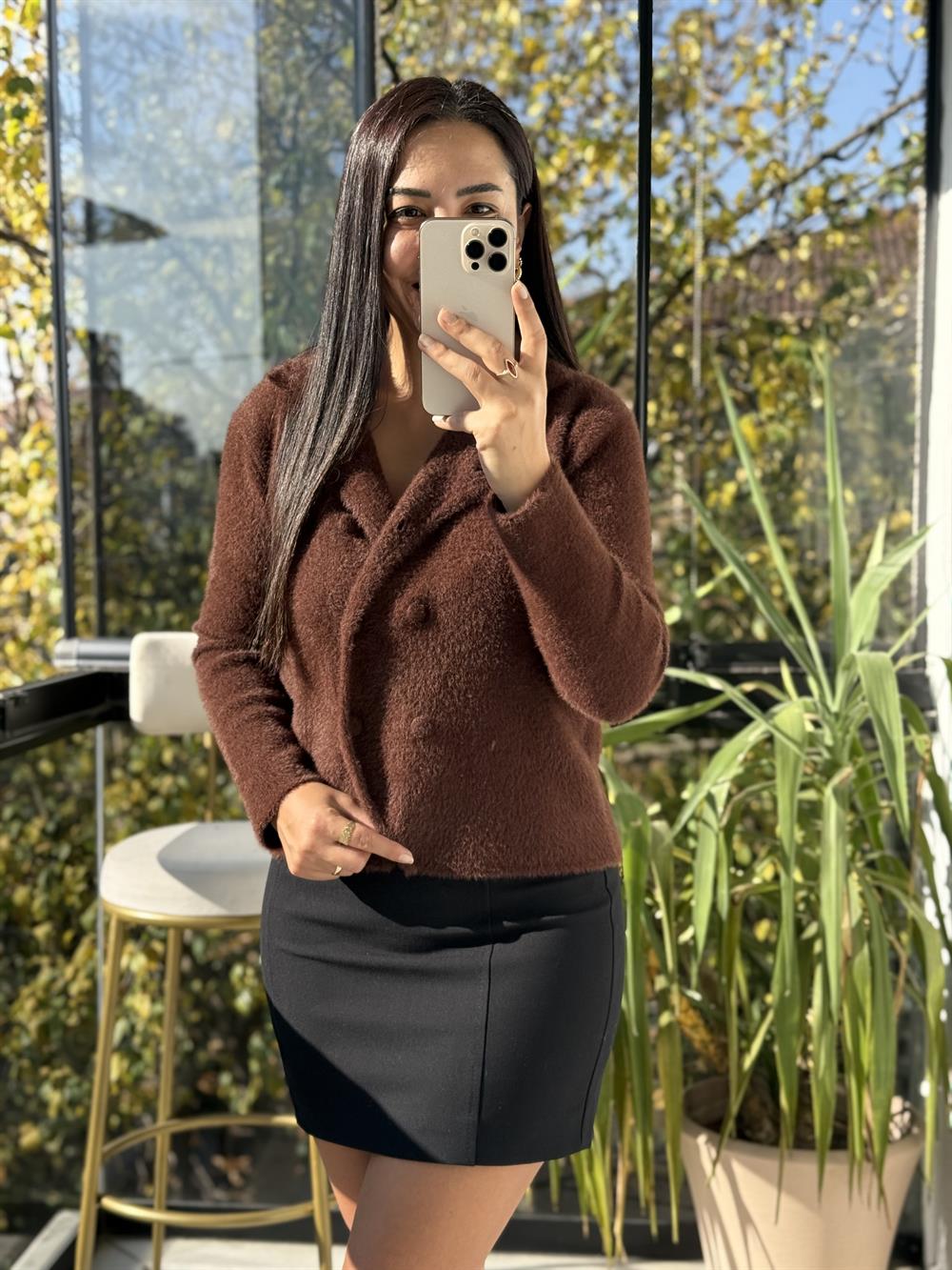 Çift Düğmeli Angora Hırka kahve