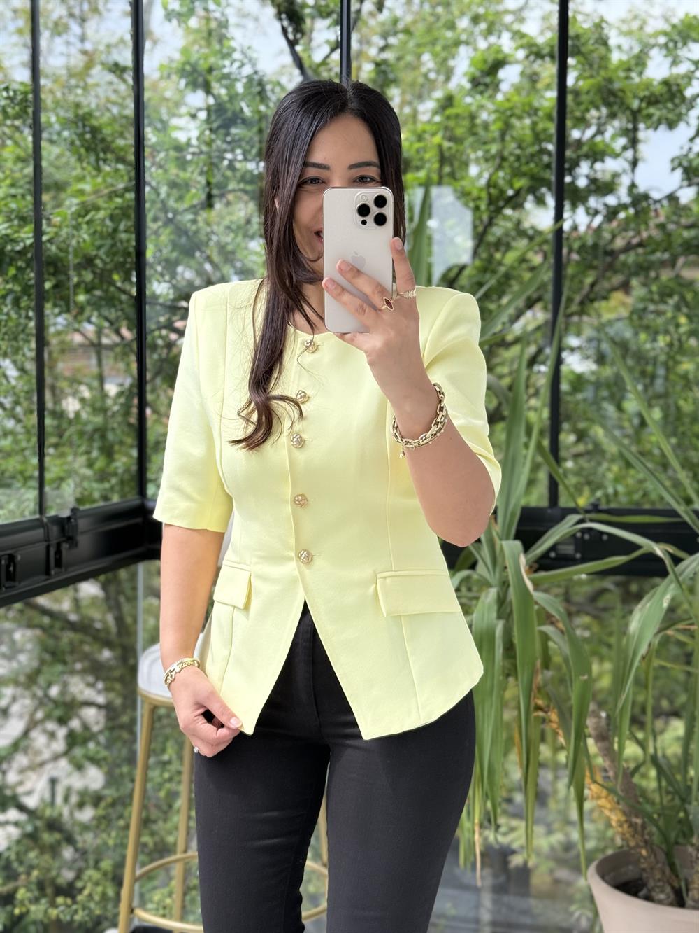 Slimfit Mini Gold Düğme Kısa Kol Blazer Sarı
