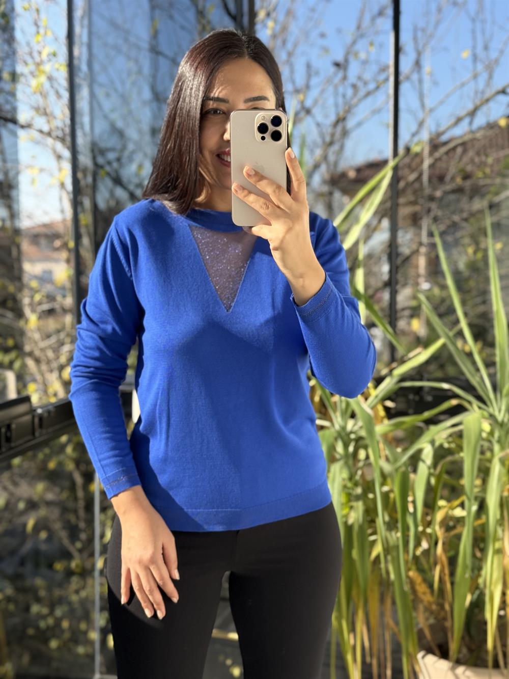 Tül Yaka Detaylı Merserize Triko Saks Mavi