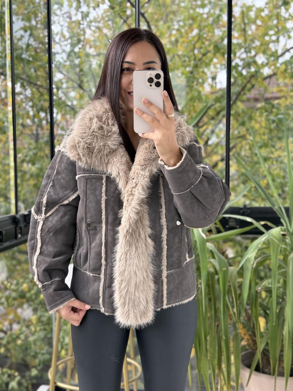 Kürk Detaylı Nubuk Mont Kahve