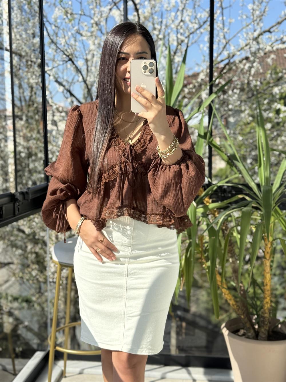 Dantelli Uzun Kol Bluz Kahve