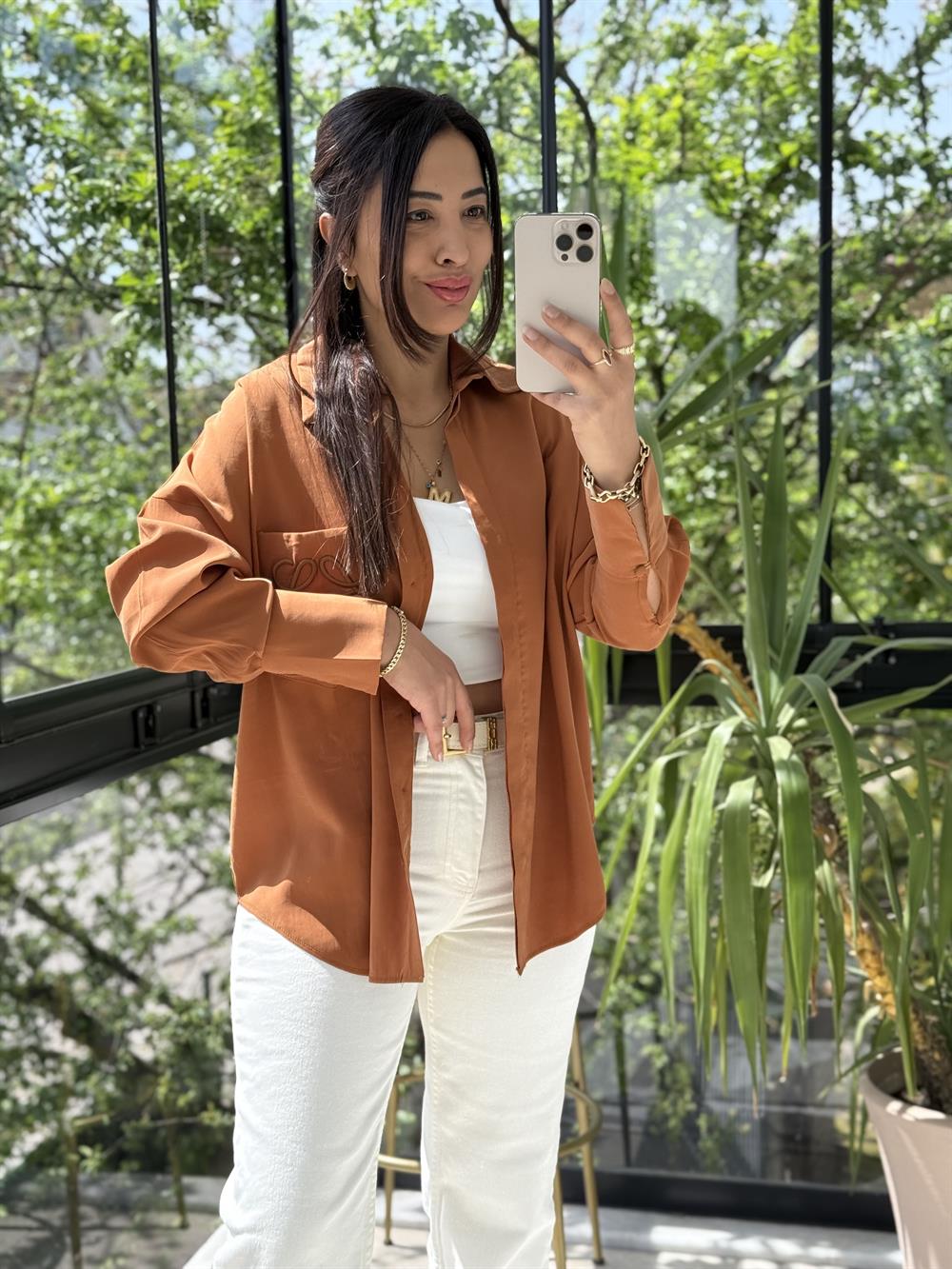 Cebi Nakışlı Gömlek Taba