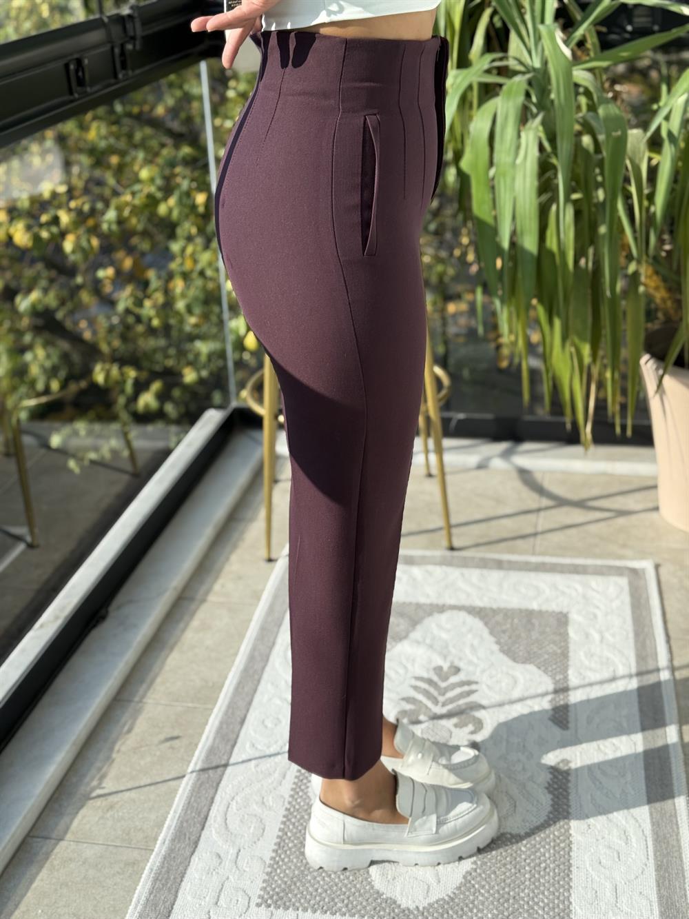 Düğmesiz Zra Model Kumaş Pantolon Mürdüm