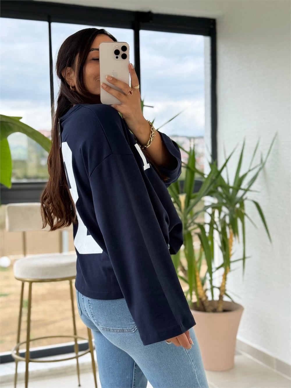 91 Baskılı Basic Sweatshirt Lacivert