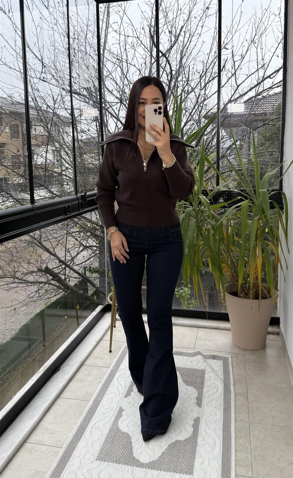 Fermuarlı Crop Triko Kazak Kahve