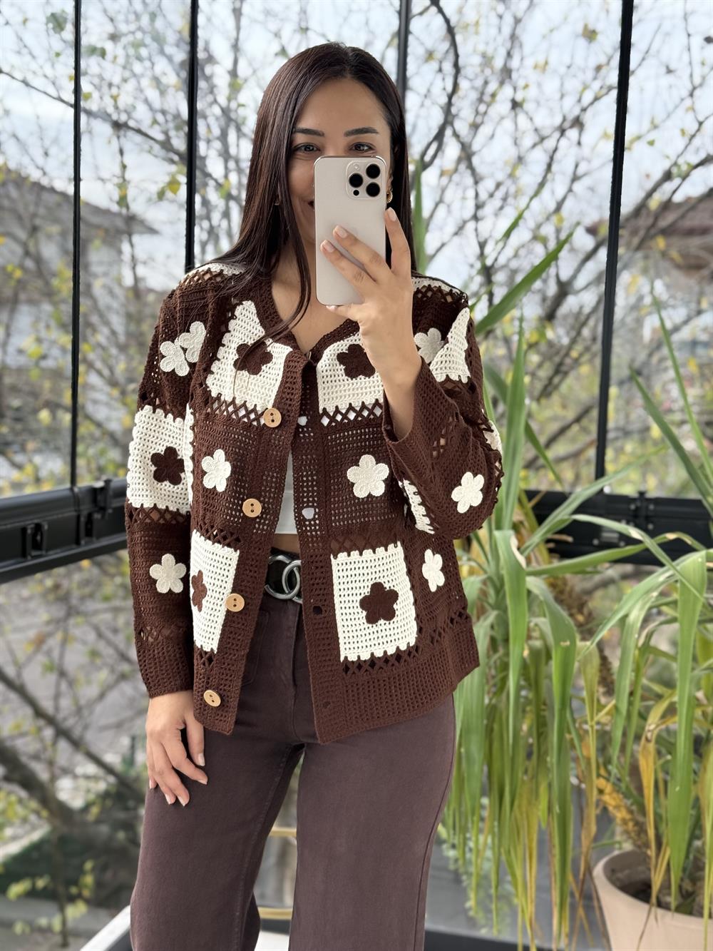 Kareli Örme Hırka Kahve