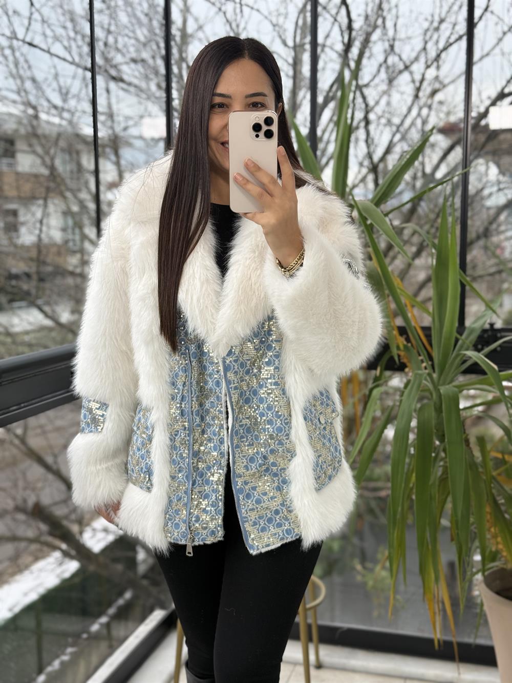 İthal Kruvaze Fermuarlı Payetli Kürk Beyaz