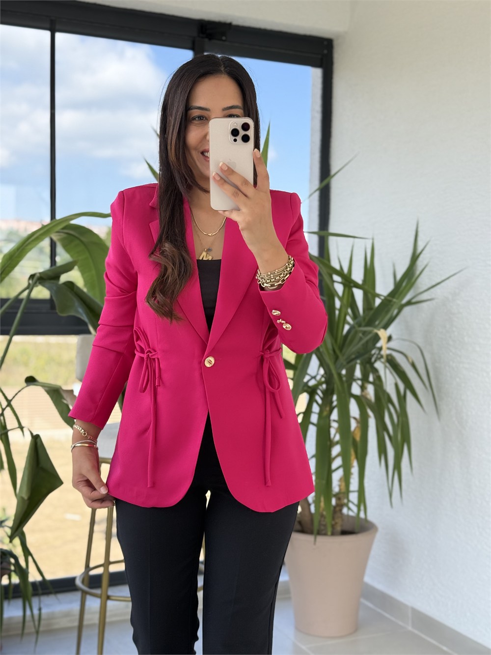 Yanı Bağcıklı Slim Blazer Ceket Fuşya