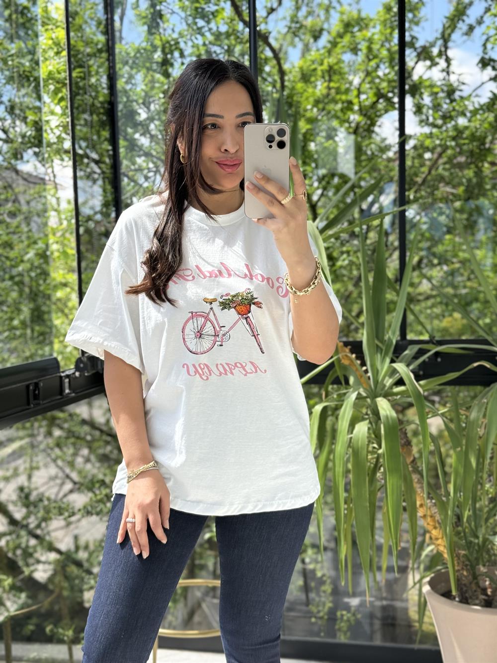 Pembe Bisikletli Tişört Ekru