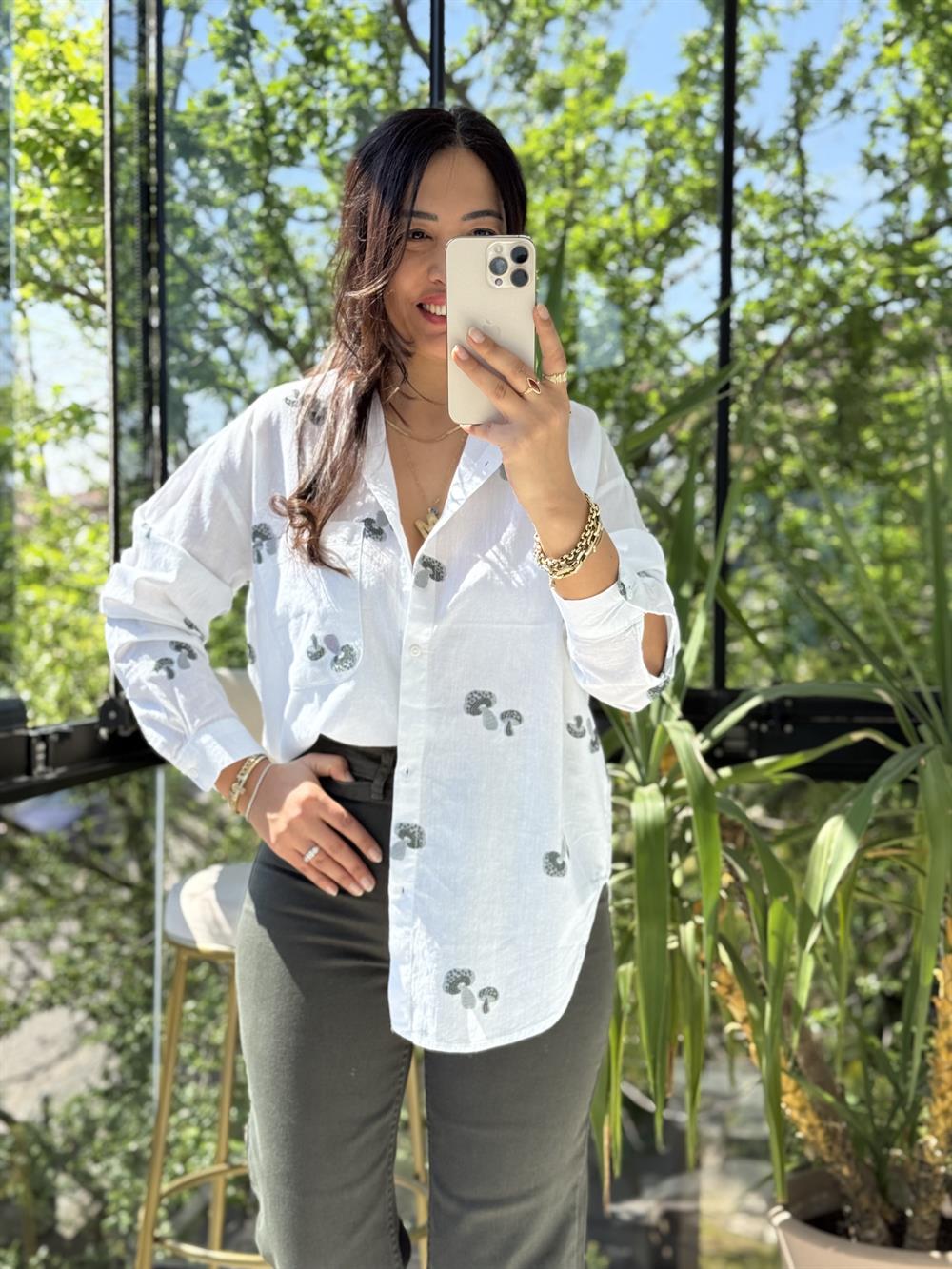 Monochiç Desen Pamuklu Gömlek Haki Yeşili