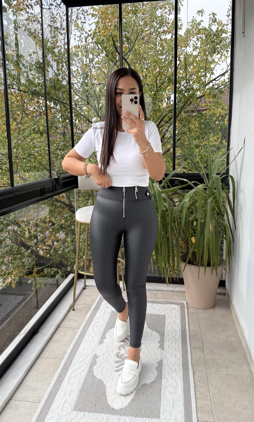 Çift Fermuarlı Mat Deri tayt Siyah