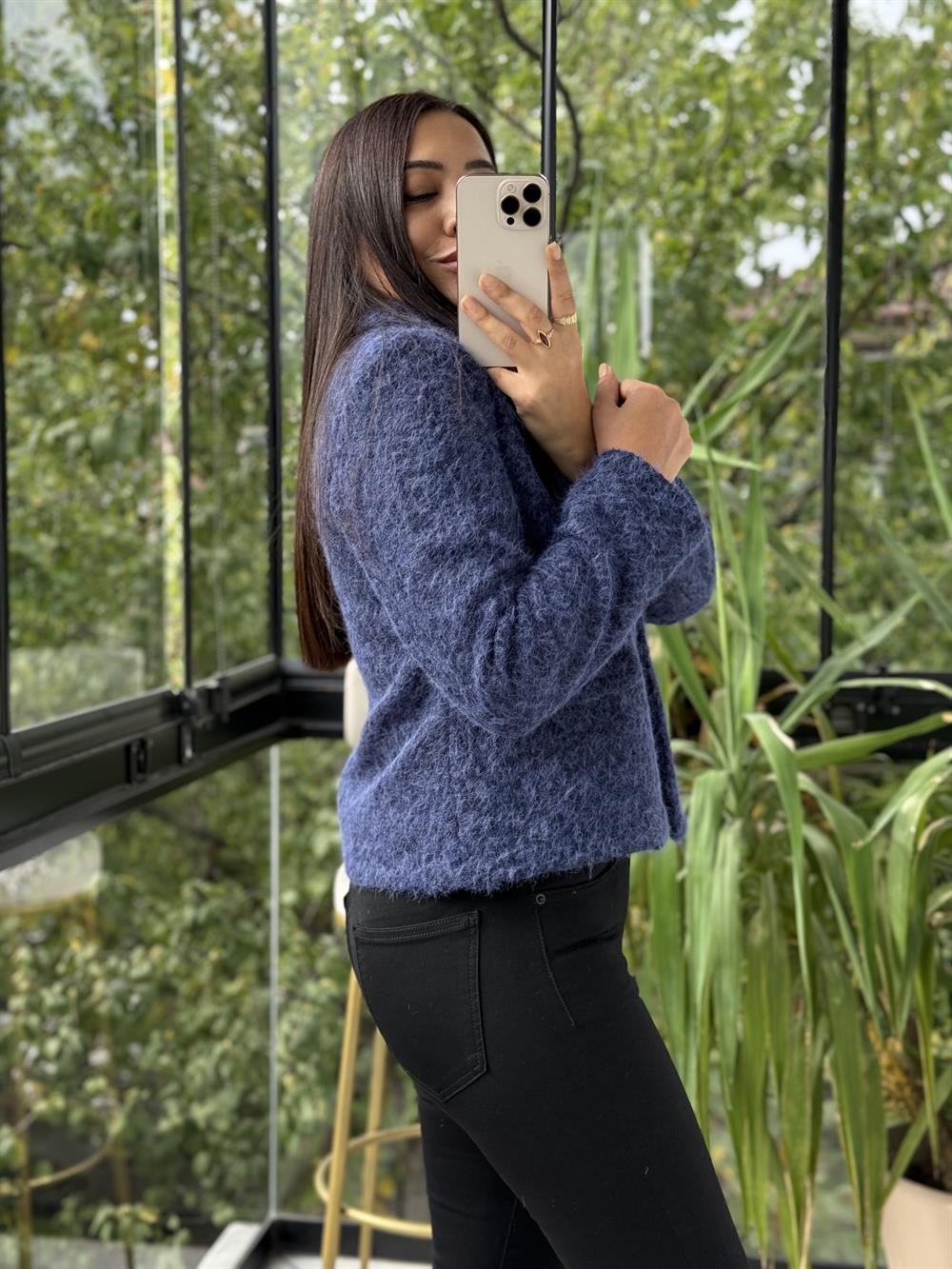 Kısa Gold Düğme Yün Ceket Lacivert