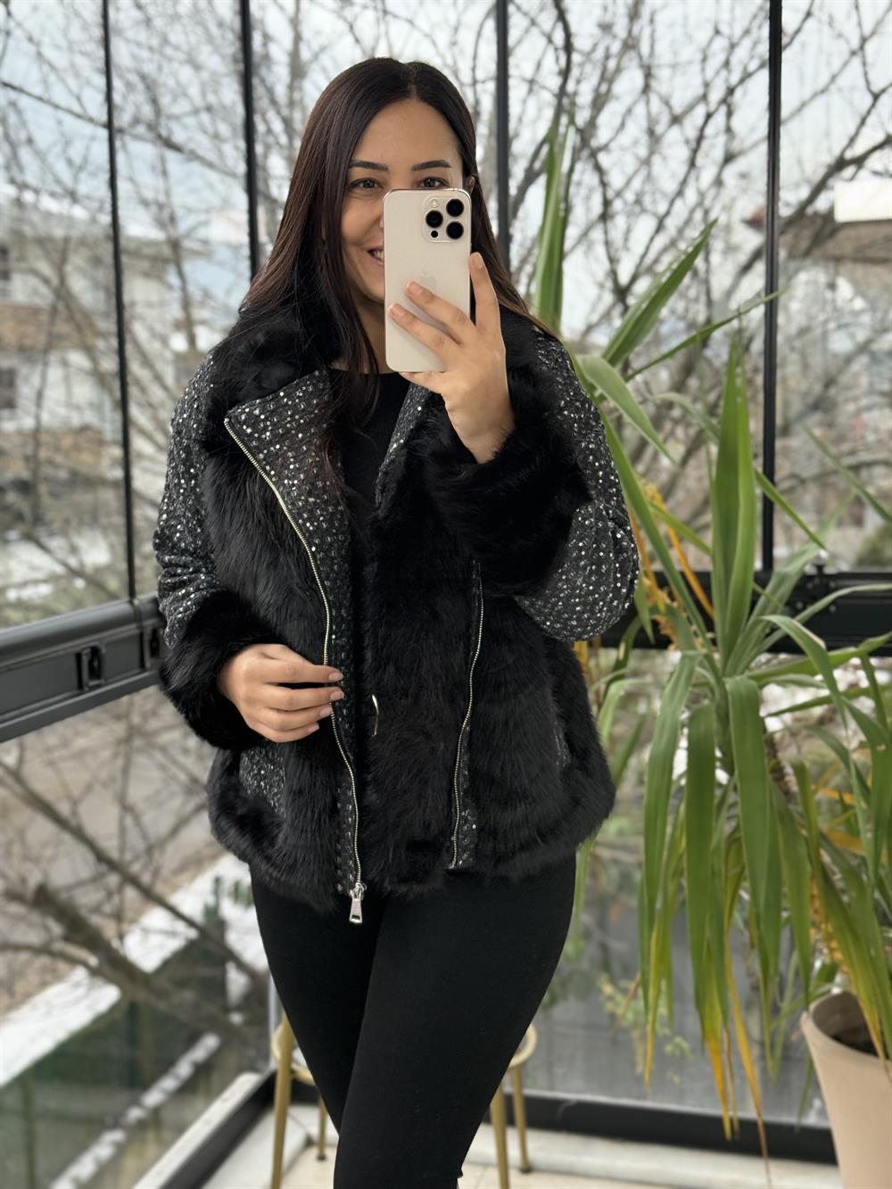 İthal Payetli Mont Siyah