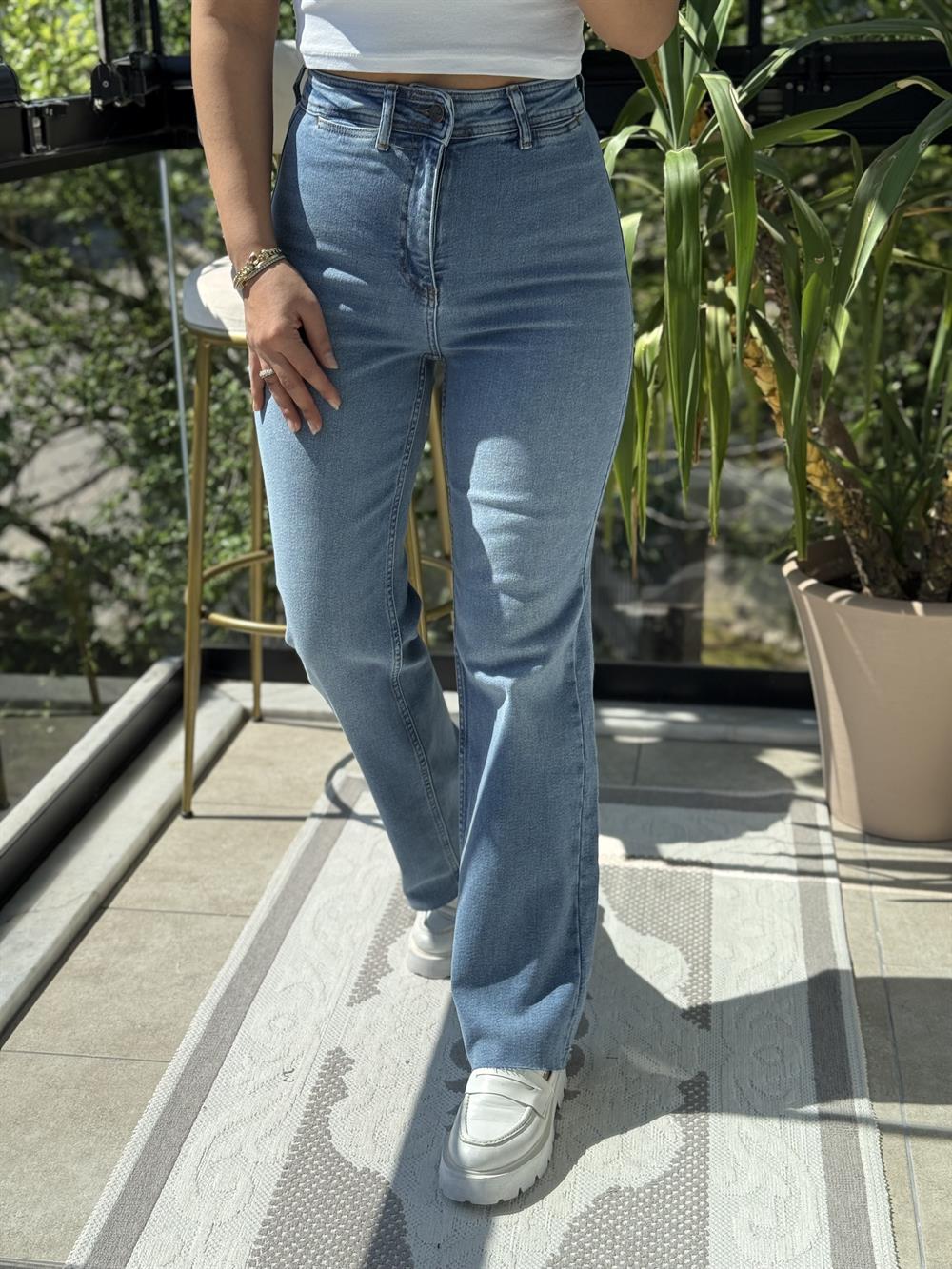 Dekoratif Cep Detaylı Palazzo Kot Pantolon Açık Mavi