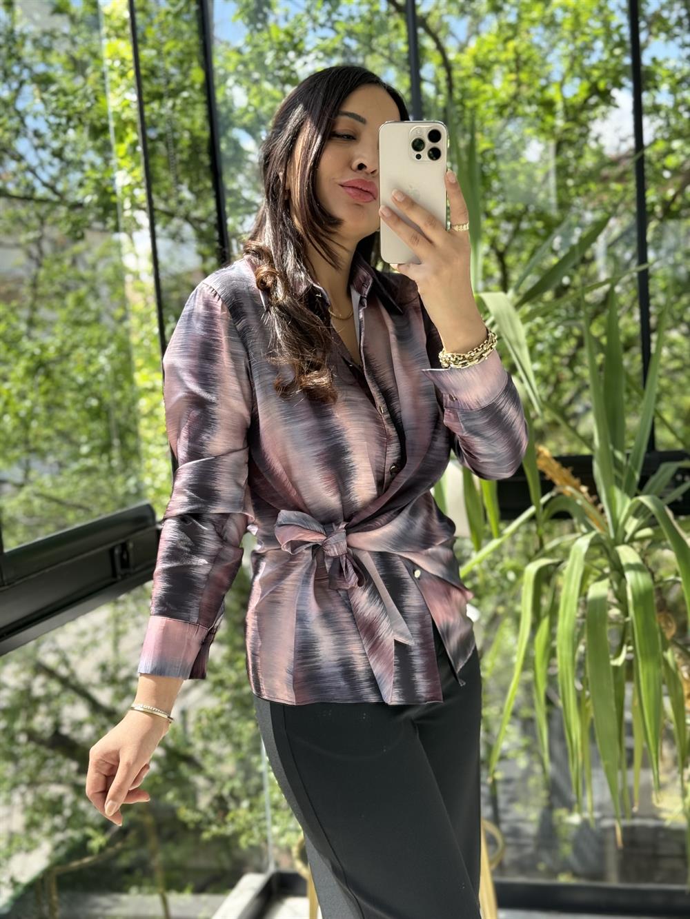 Yandan Bağlamalı Şifon Saten Gömlek Pembe