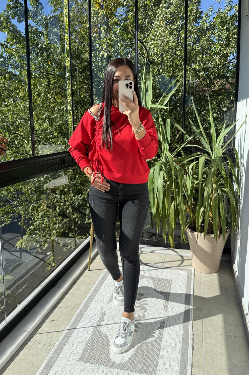 Taş Detay Kordonlu Modal Sweatshirt Kırmızı