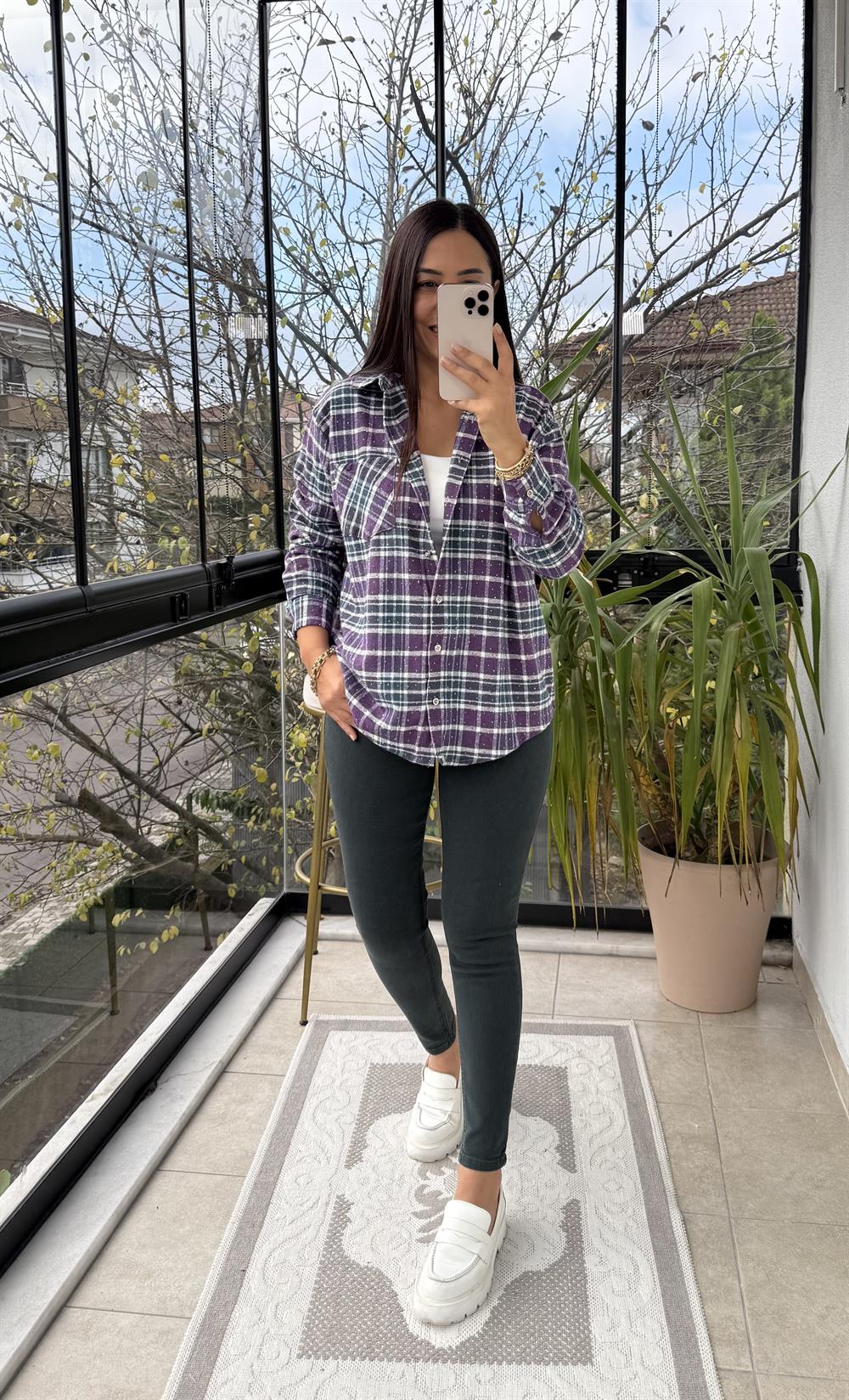 Taşlı Ekose Gömlek Mürdüm