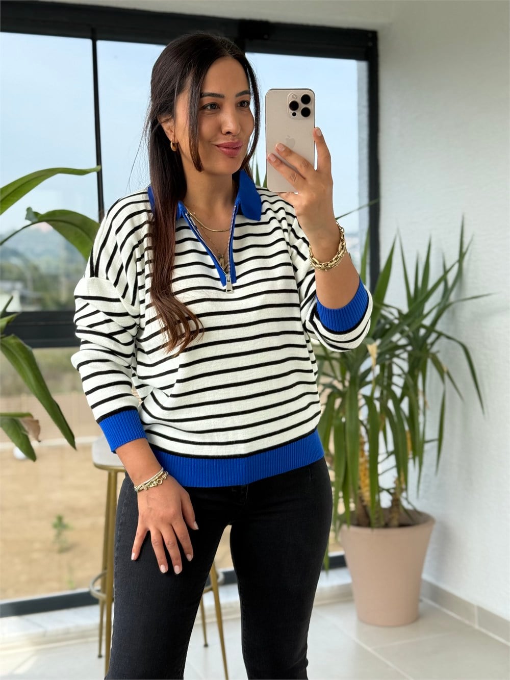 Polo Yaka Çizgili Renk Detaylı Sweatshirt Mavi